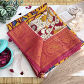 Vriksham Mustered Yellow With Maroon Kalamkari Saree With Kanchi Border-VS4684